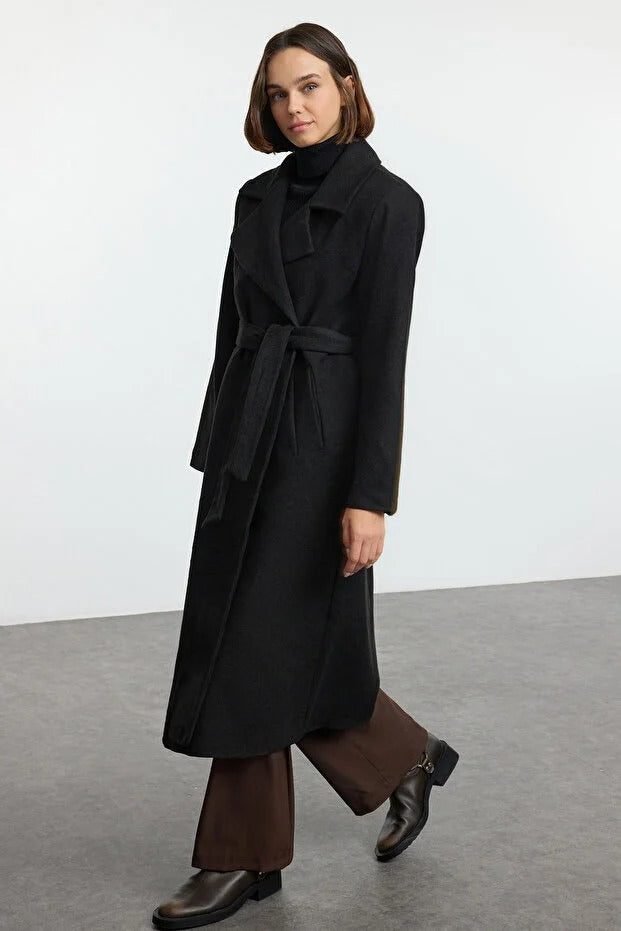 Black Belted Regular Fit Long Wool-Blend Coat