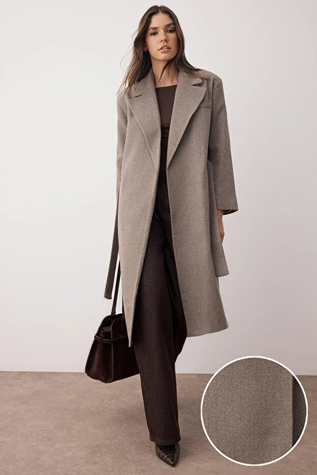 Taupe Herringbone Double-Breasted Oversized Long Wool-Blend Coat