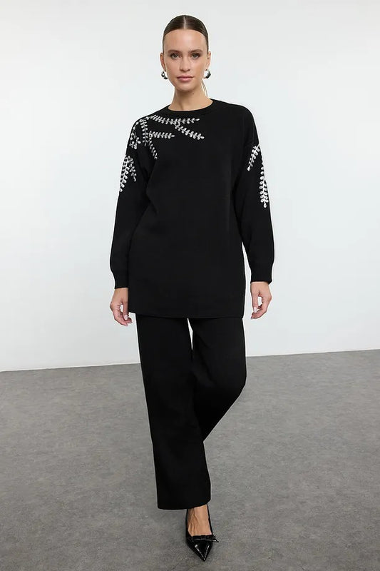 Black Sequin-Embellished Knit Two-Piece Set