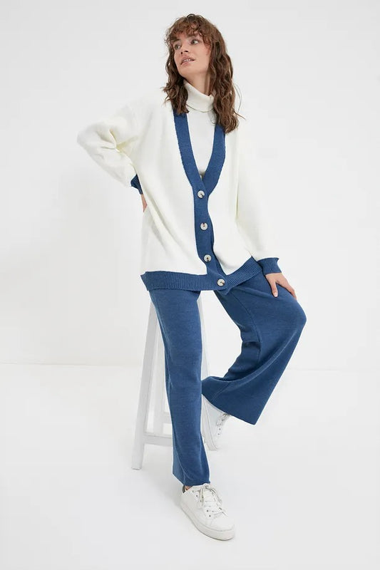 Blue Stripe Detail Knit Cardigan & Pants Set