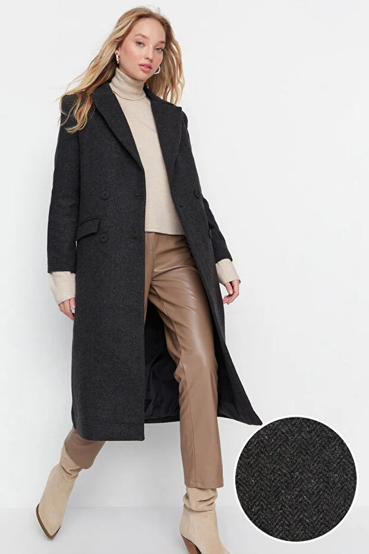 Black Herringbone Pattern Long Wool-Blend Coat