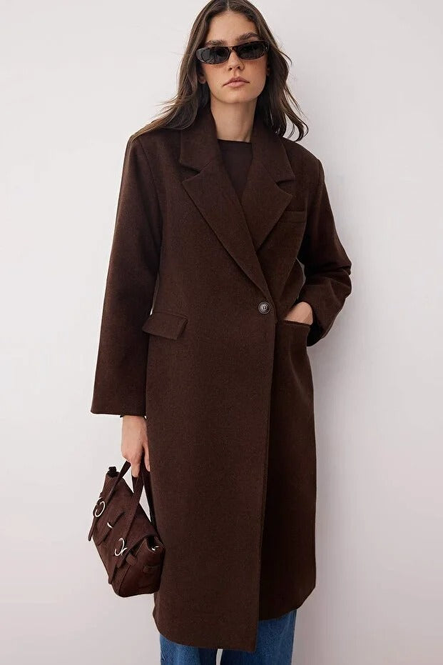 Brown Oversized Long Wool-Blend Coat