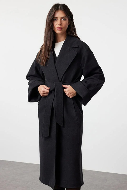 Black Belted Regular Fit Long Wool-Blend Coat