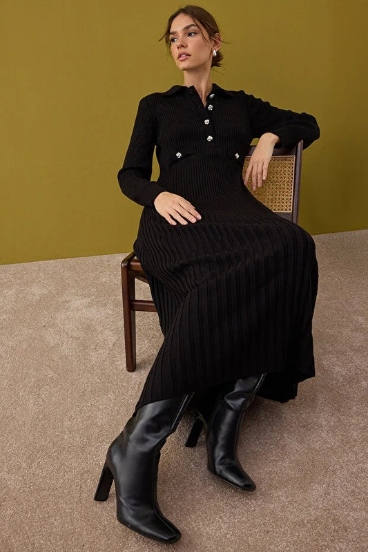 Black Ribbed Knit Modest Dress