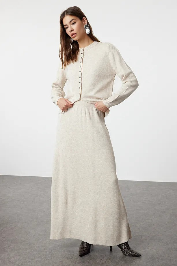 Ecru Button-Front Knit Cardigan & Skirt Set