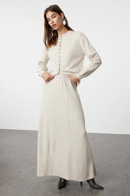 Ecru Button-Front Knit Cardigan & Skirt Set