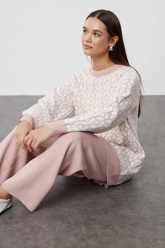 Rose Dust Geometric-Pattern Knit Sweater & Pants Set