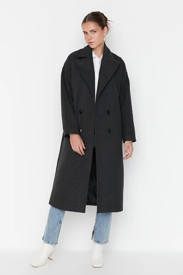 Anthracite Oversized Wide-Cut Long Wool-Blend Overcoat