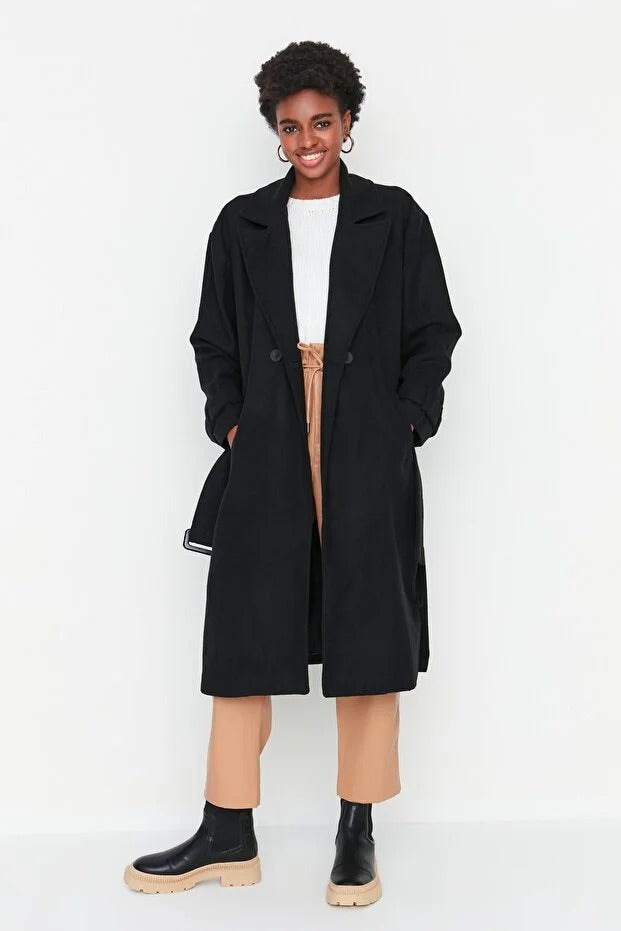 Black Oversized Wide-Cut Long Wool-Blend Coat with Belt