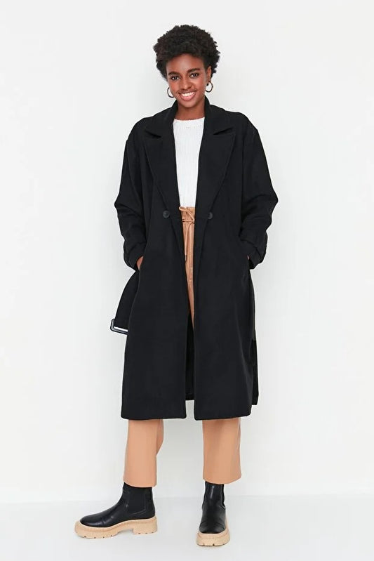 Black Oversized Wide-Cut Long Wool-Blend Coat with Belt