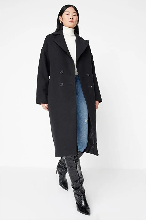 Black Oversized Wide-Cut Long Wool-Blend Overcoat