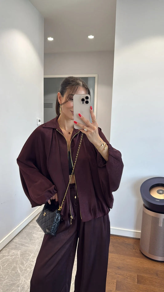 Burgundy Satin Bomber Jacket and Harem Pants Set