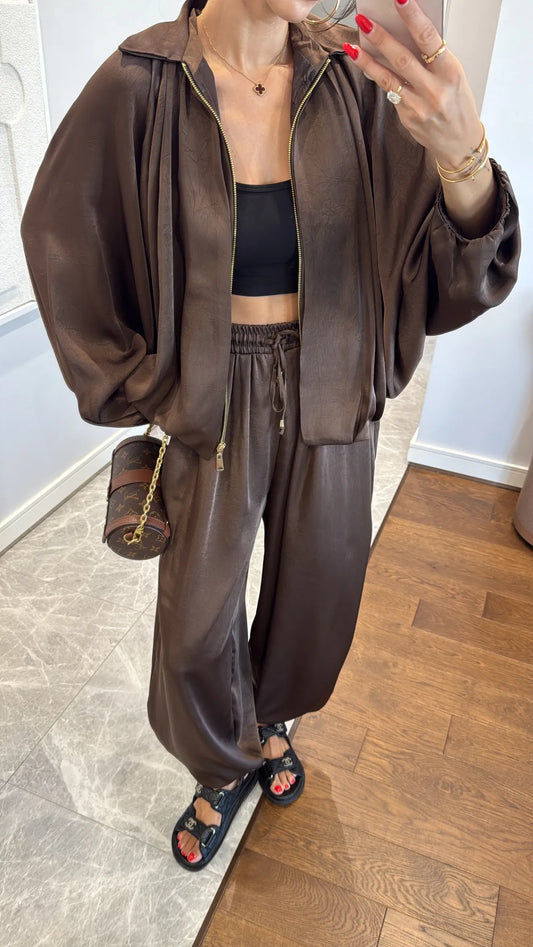 Brown Satin Bomber Jacket and Harem Pants Set