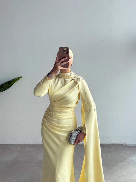 Cape Detail Embellished Butter Yellow Evening Dress