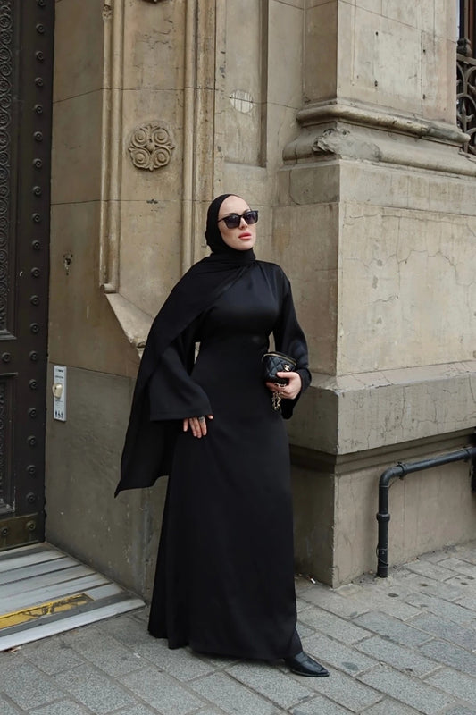 Black Satin Adjustable Waist Dress