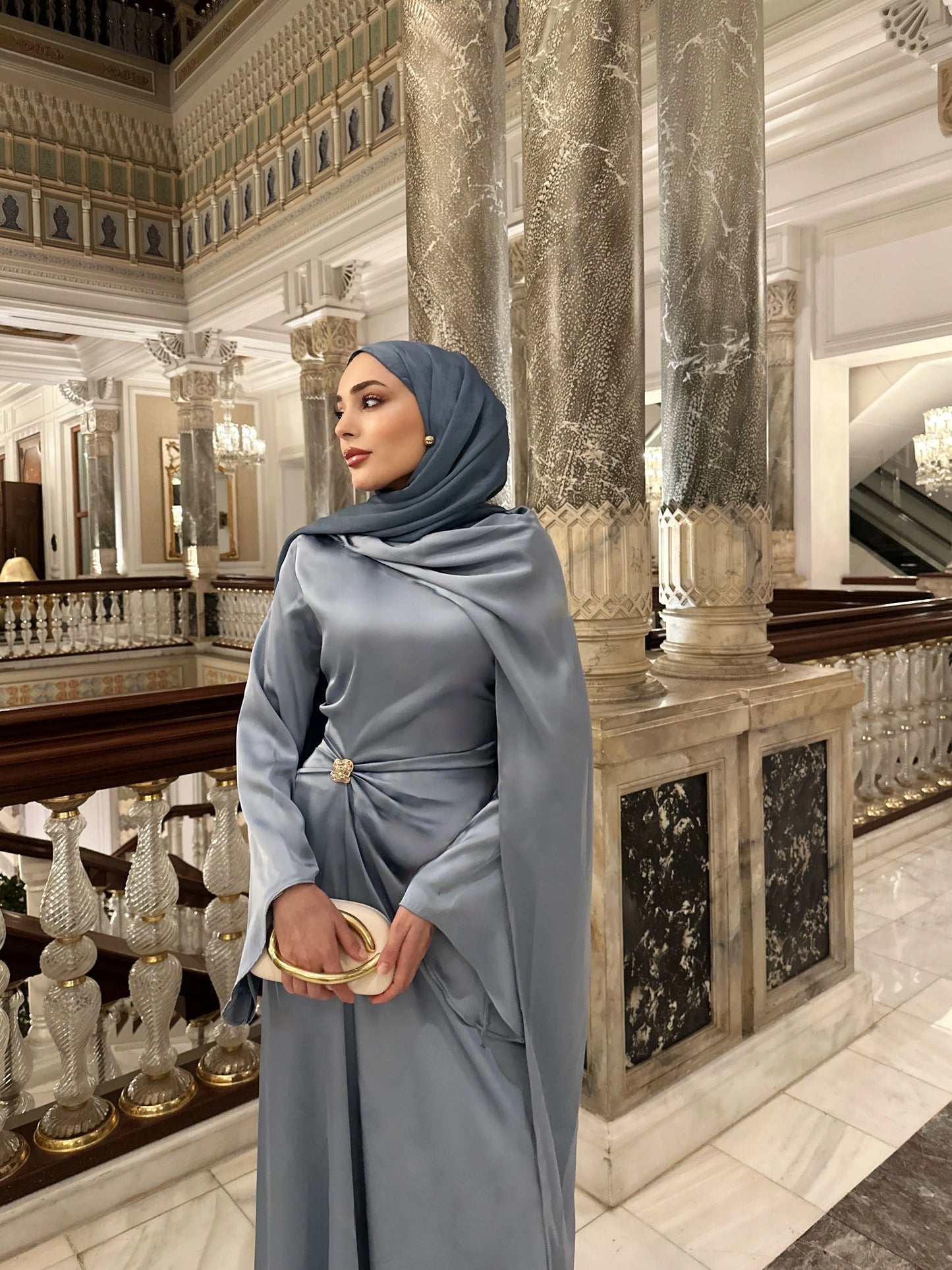 Brooch Detailed Silky Satin Baby Blue Evening Dress