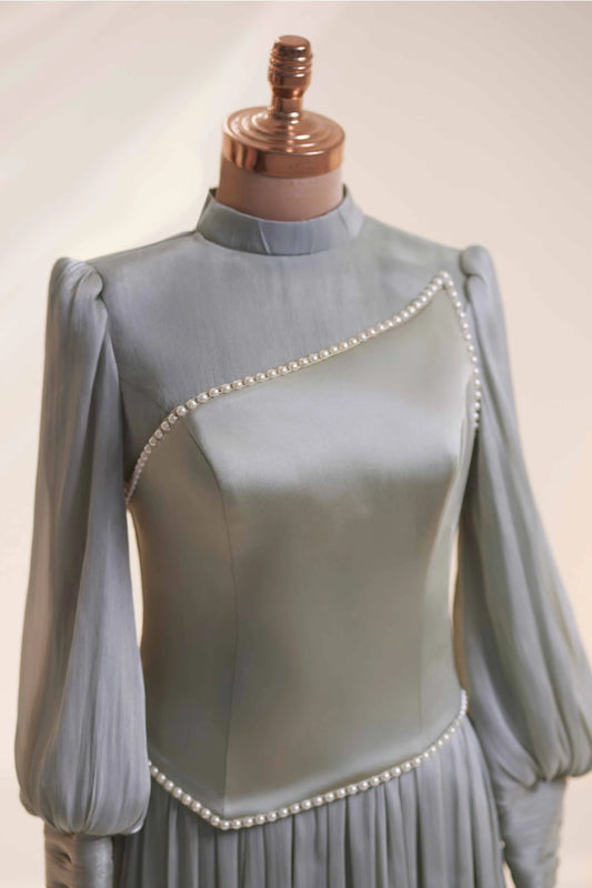 Gray Organza Pearl Detail Modest Evening Dress