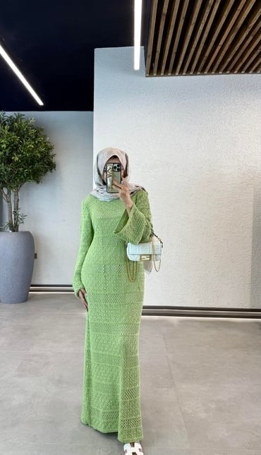 Crochet Maxi Dress with Lining- Green