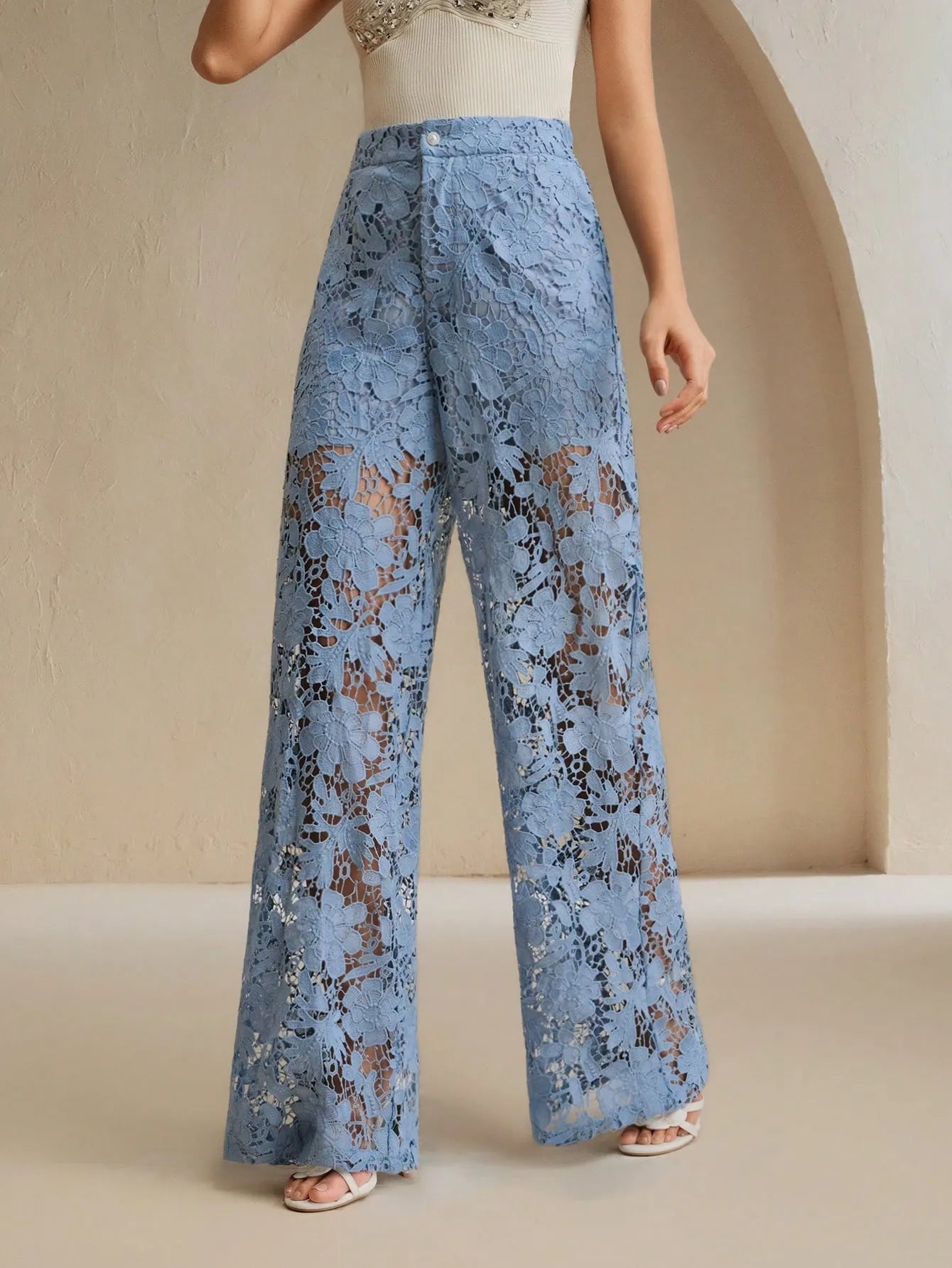 Floral Lace Cutout Straight‑Leg Pants