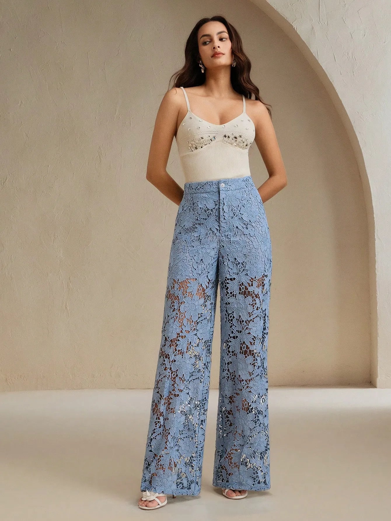 Floral Lace Cutout Straight‑Leg Pants