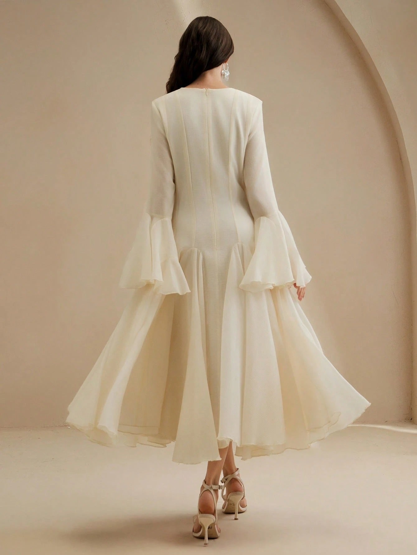 White Long‑Sleeve Flared Midi Dress with Button Flare Sleeves