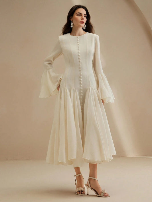 White Long‑Sleeve Flared Midi Dress with Button Flare Sleeves