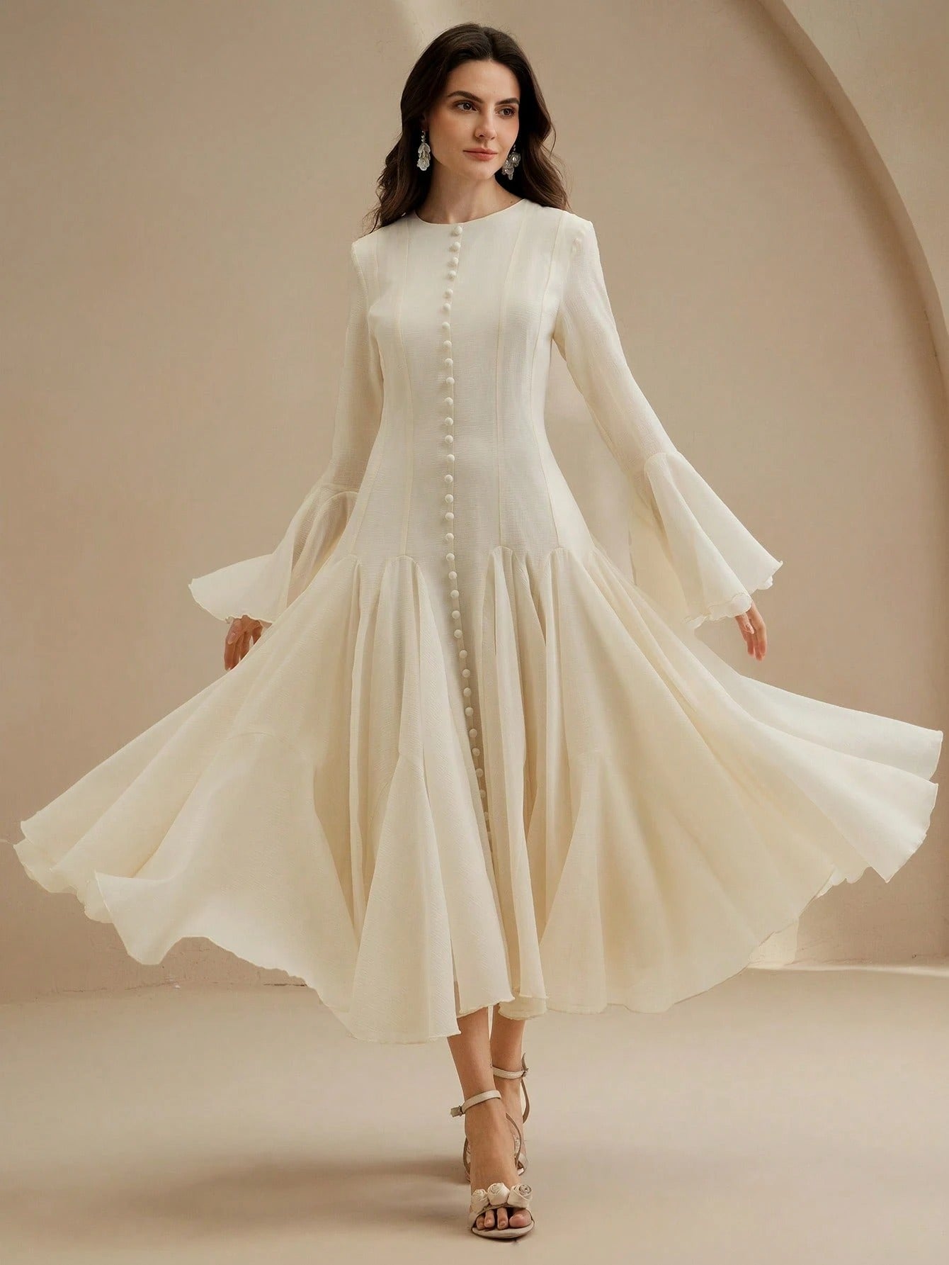 White Long‑Sleeve Flared Midi Dress with Button Flare Sleeves