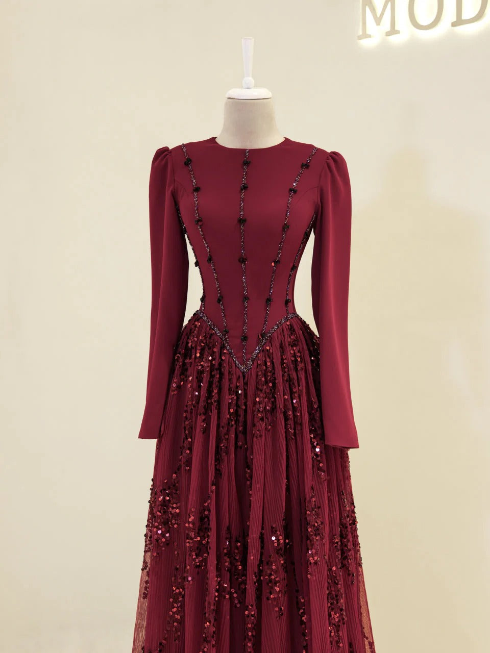 Nada Satin and Tulle Modest Evening Dress -Burgundy