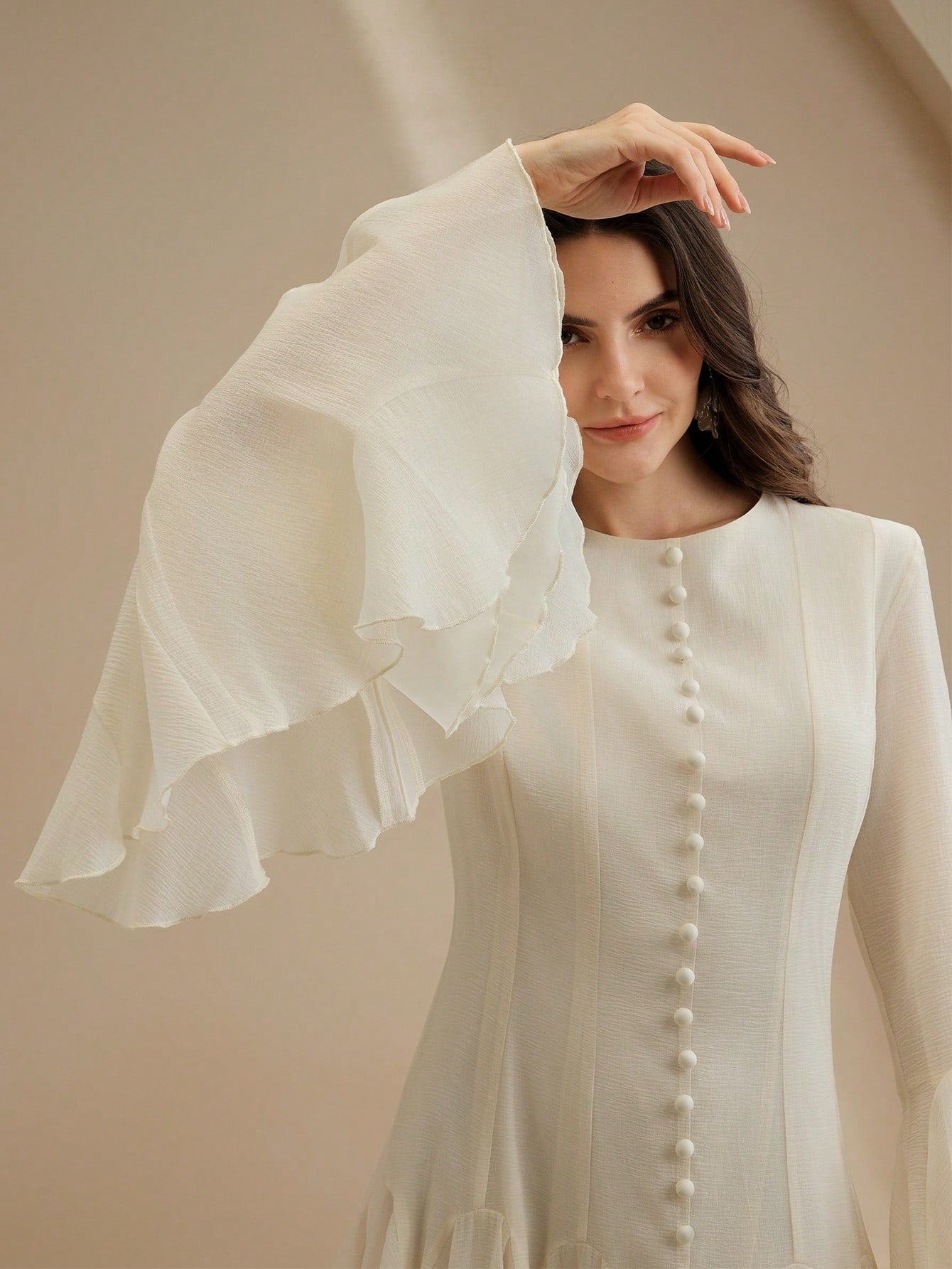 White Long‑Sleeve Flared Midi Dress with Button Flare Sleeves