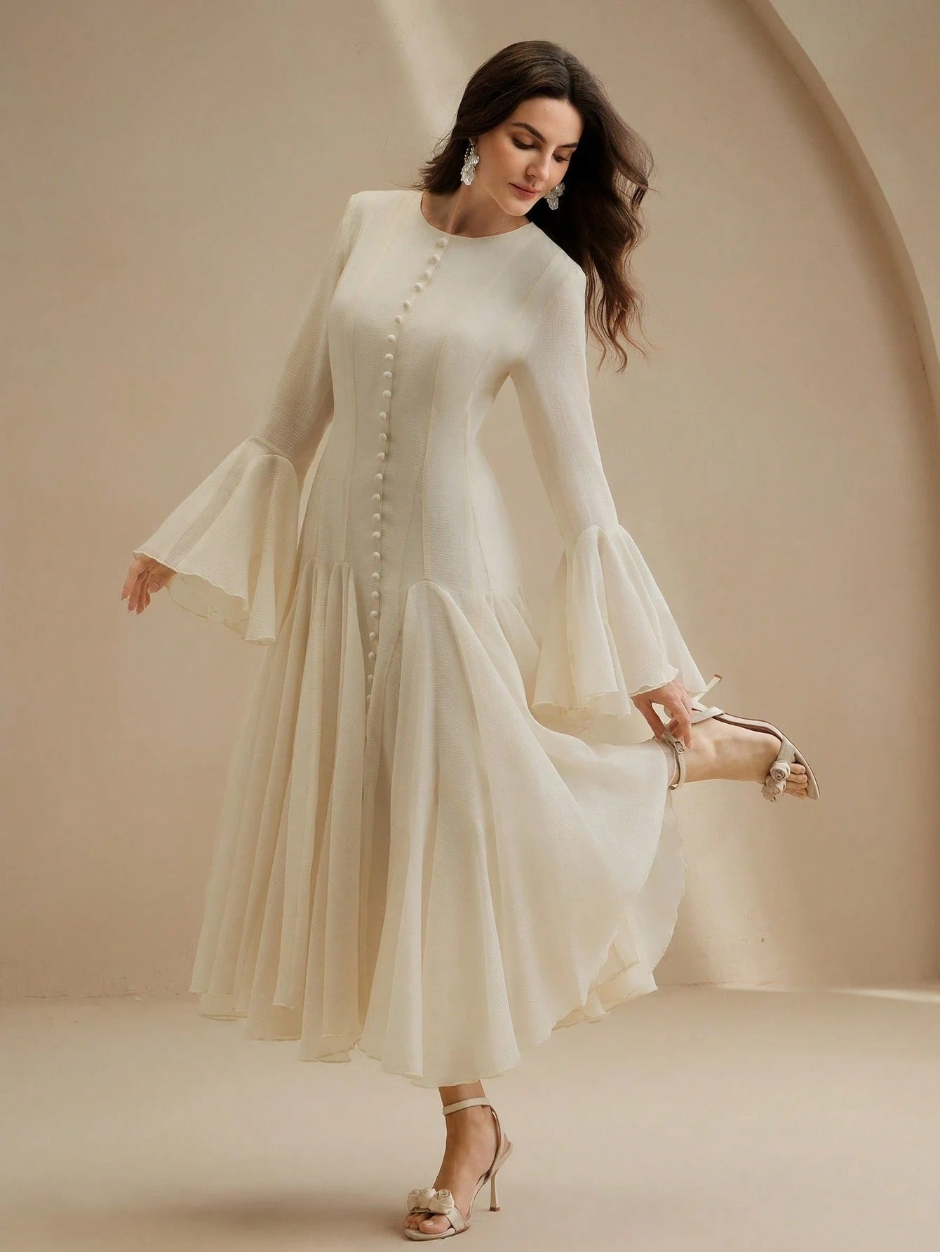 White Long‑Sleeve Flared Midi Dress with Button Flare Sleeves