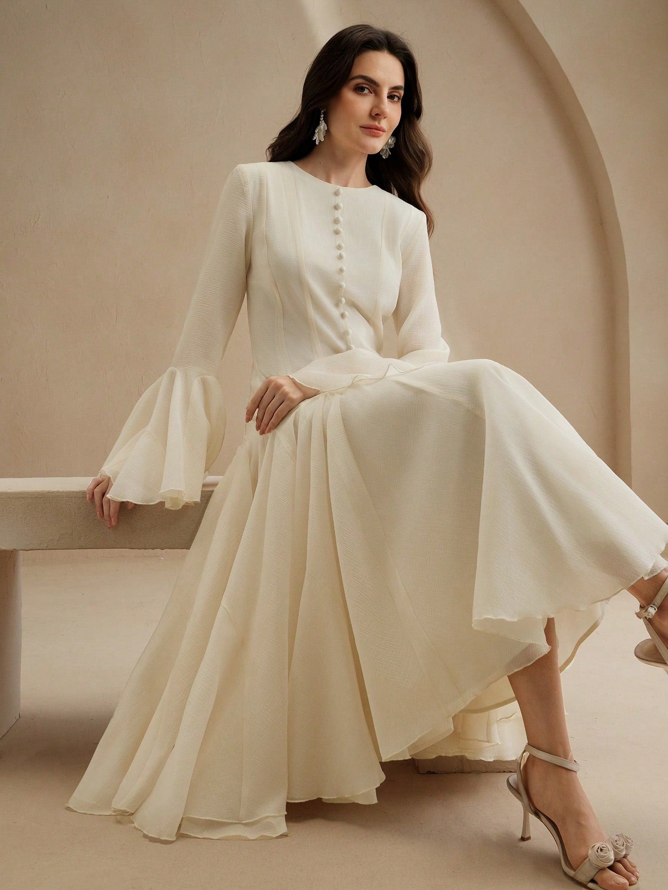 White Long‑Sleeve Flared Midi Dress with Button Flare Sleeves