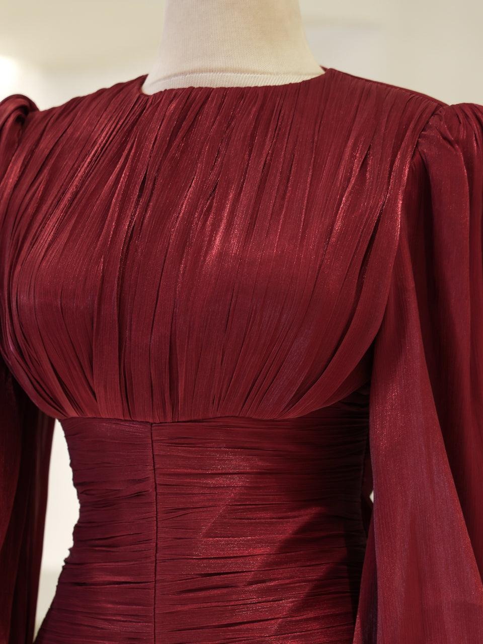 Shimmering Orchid Modest Evening Dress - Flare Pleated Gown - Red