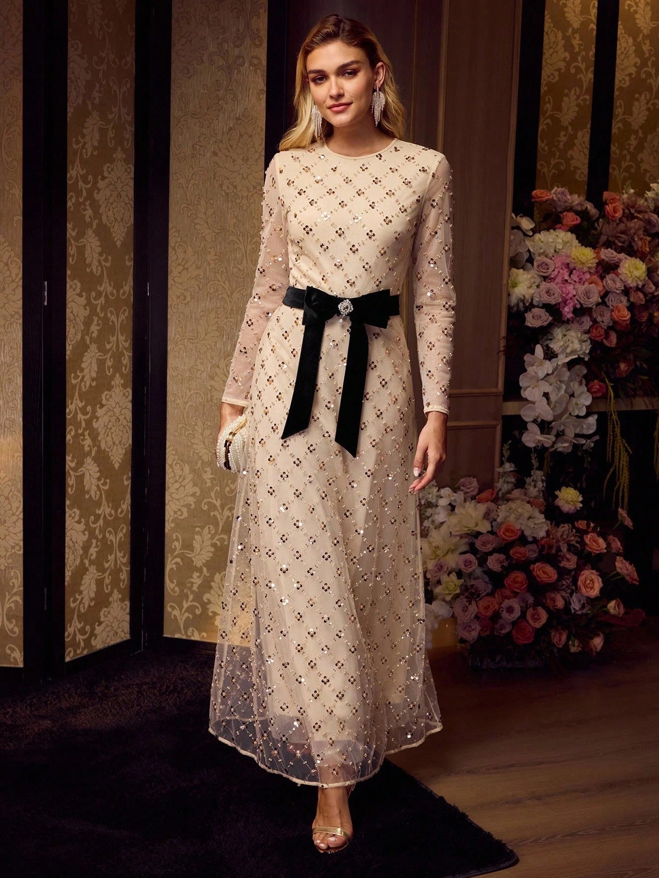 Soiré Mesh & Sequin Overlay Cocktail Dress with Bow Waist