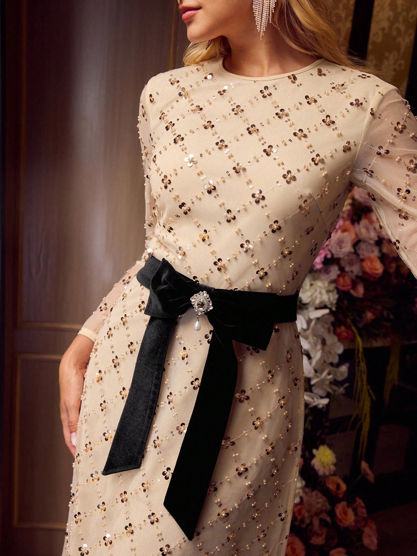 Soiré Mesh & Sequin Overlay Cocktail Dress with Bow Waist