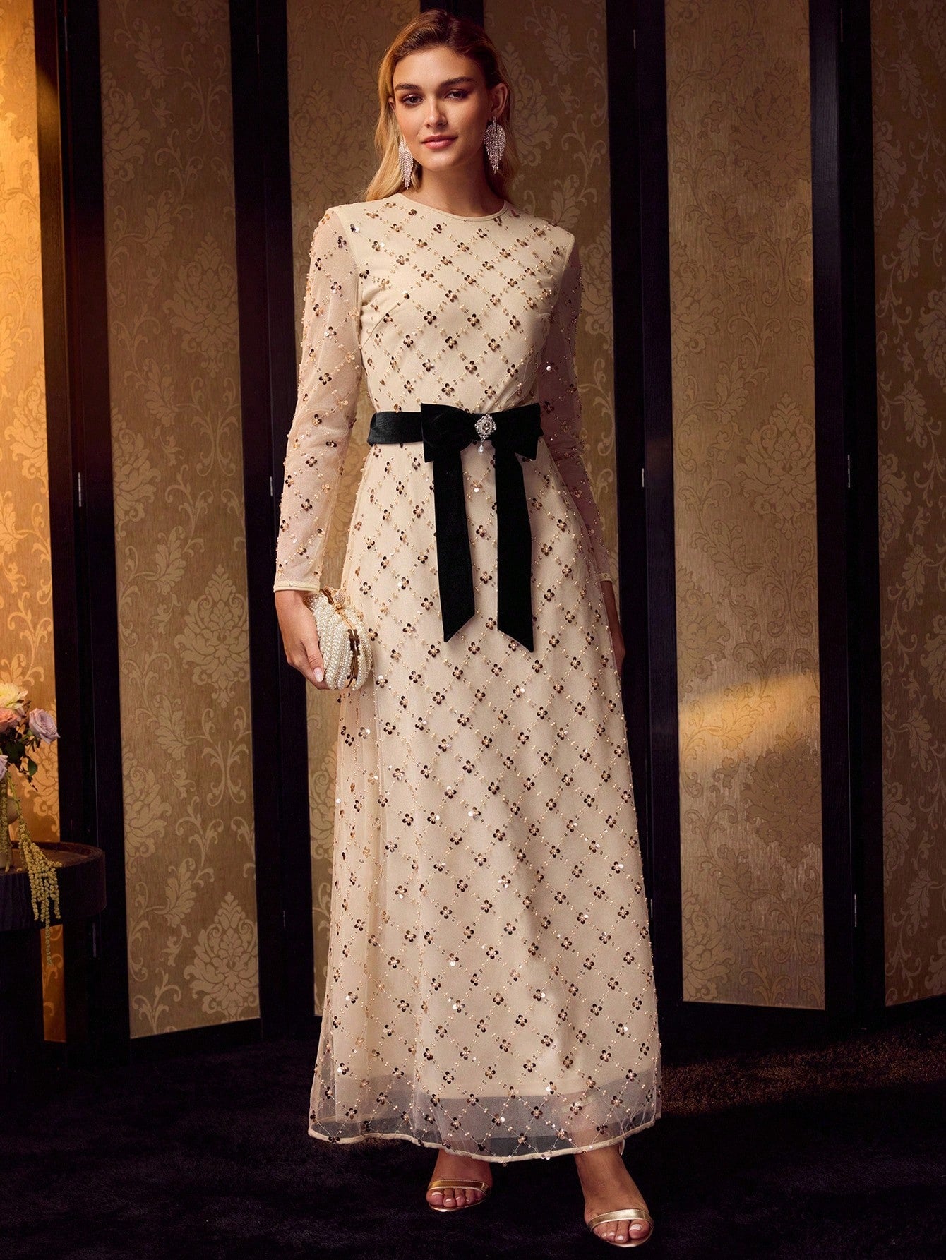 Soiré Mesh & Sequin Overlay Cocktail Dress with Bow Waist