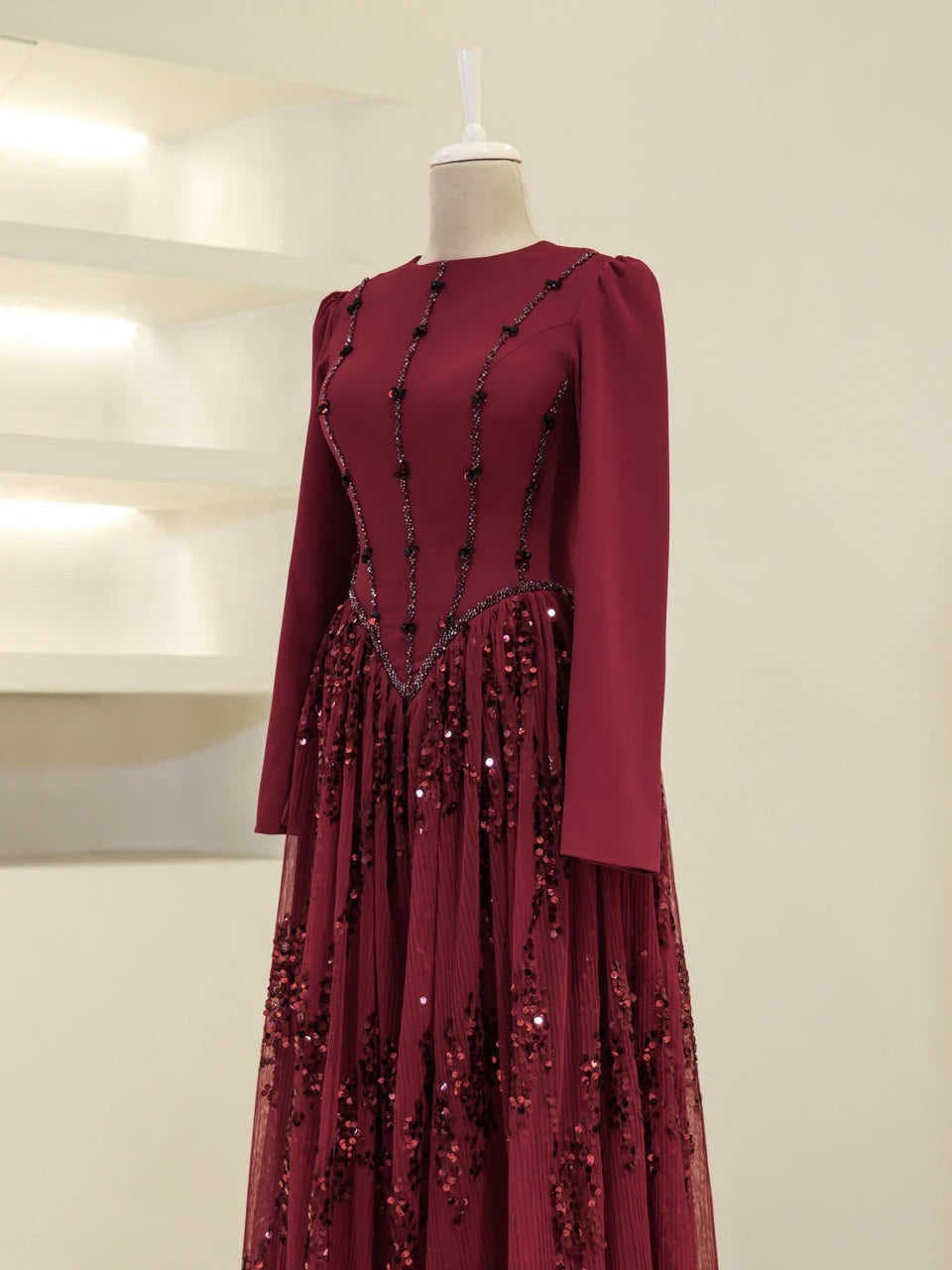 Nada Satin and Tulle Modest Evening Dress -Burgundy