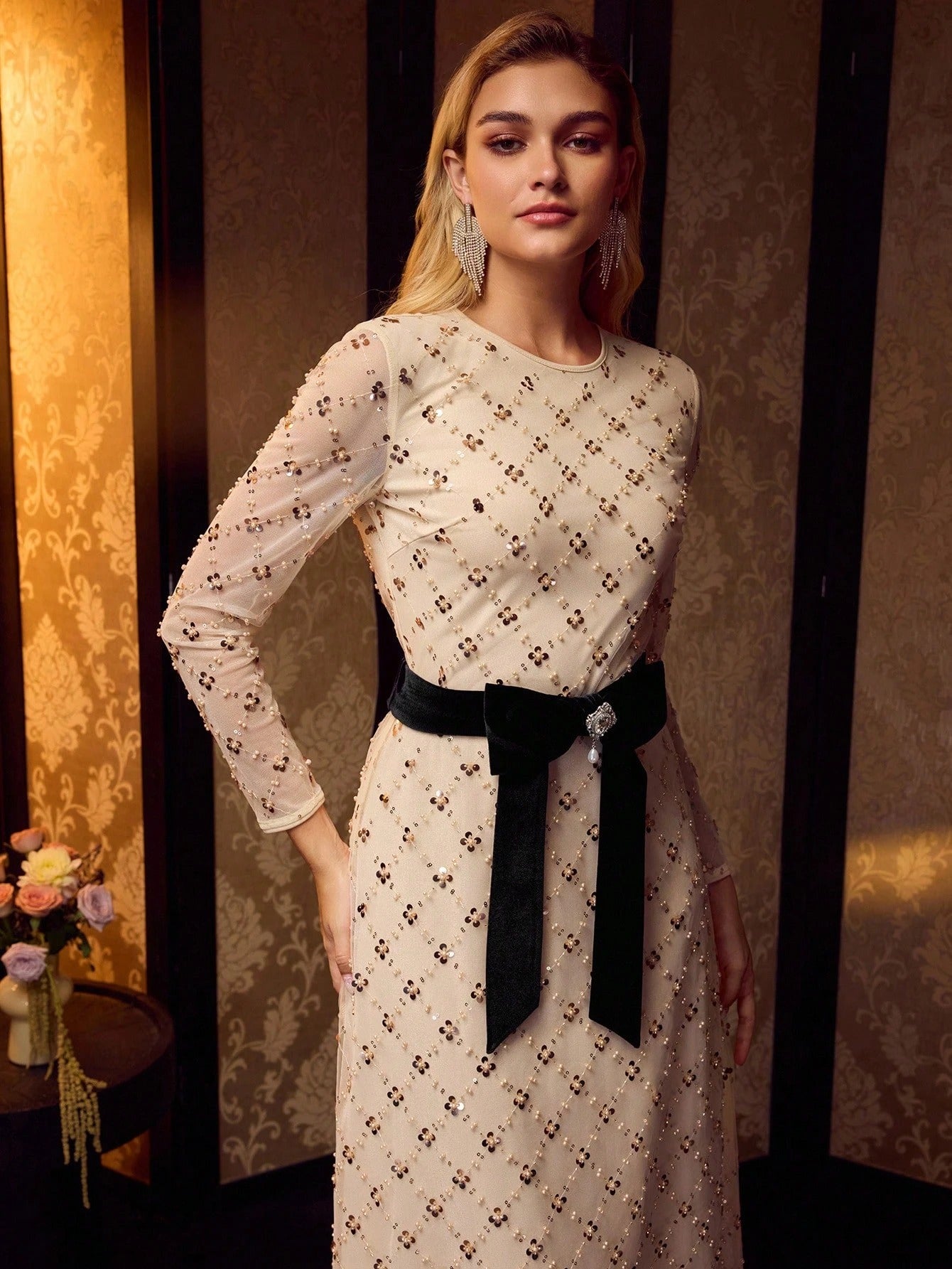 Soiré Mesh & Sequin Overlay Cocktail Dress with Bow Waist