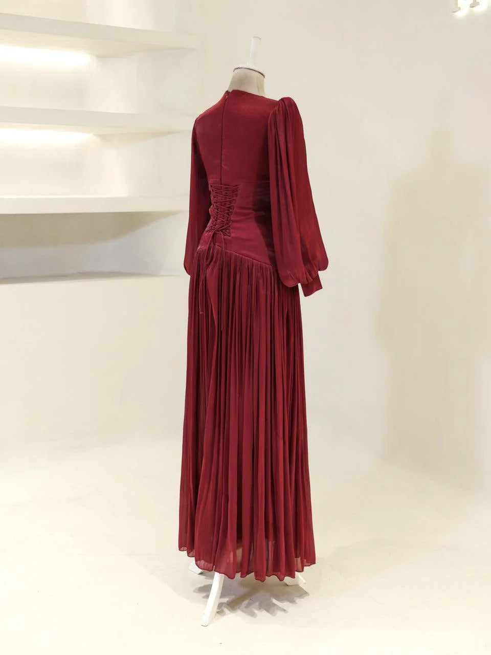 Shimmering Orchid Modest Evening Dress - Flare Pleated Gown - Red