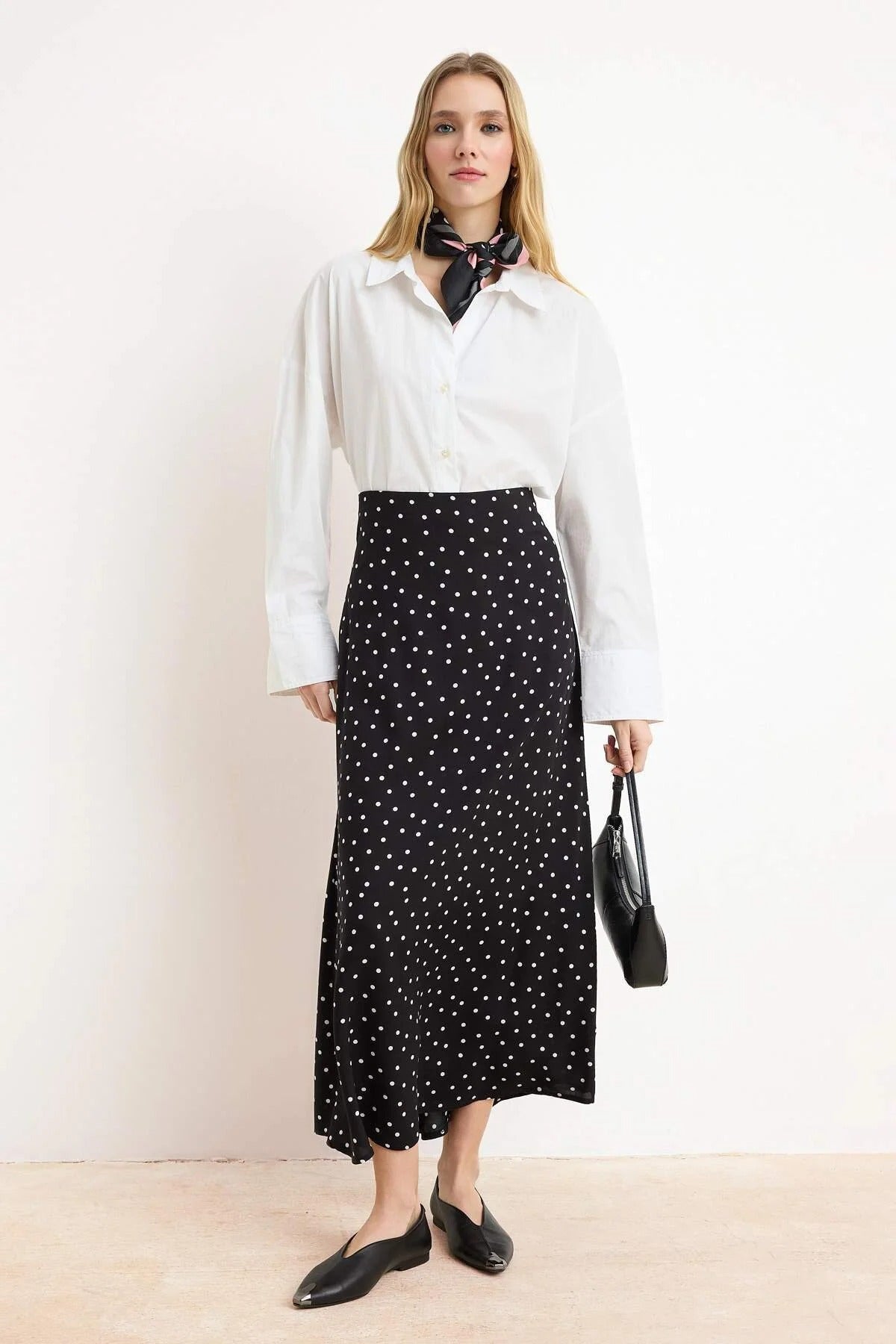 Black & White Polka Dot 100% Viscose Midi Skirt — Modest High-Waist A-Line