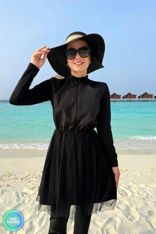 Ruffle Detail Full Coverage Burkini - 2 Piece Modest Swimsuit in Black