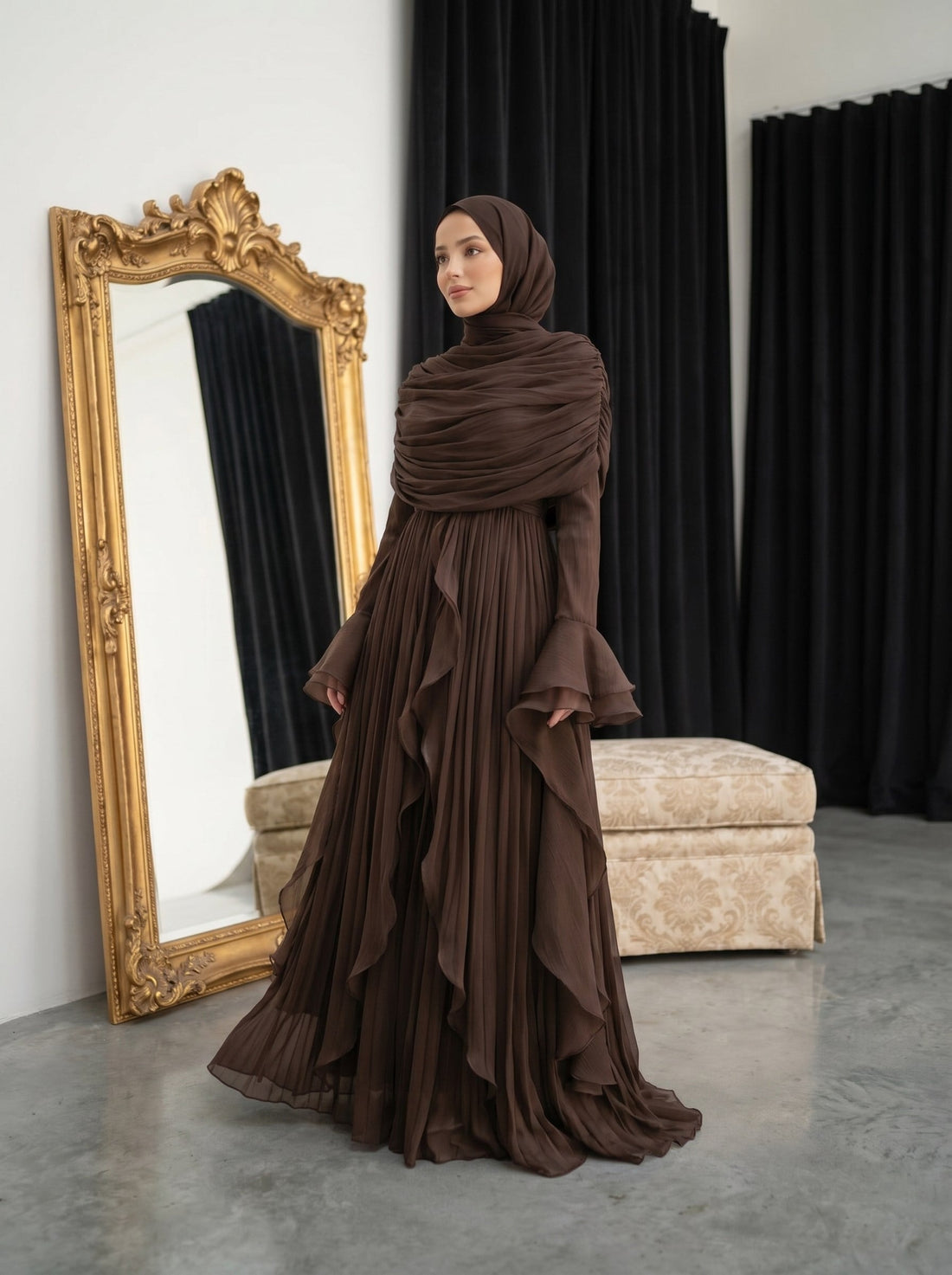 Brown Chiffon Modest Evening Gown