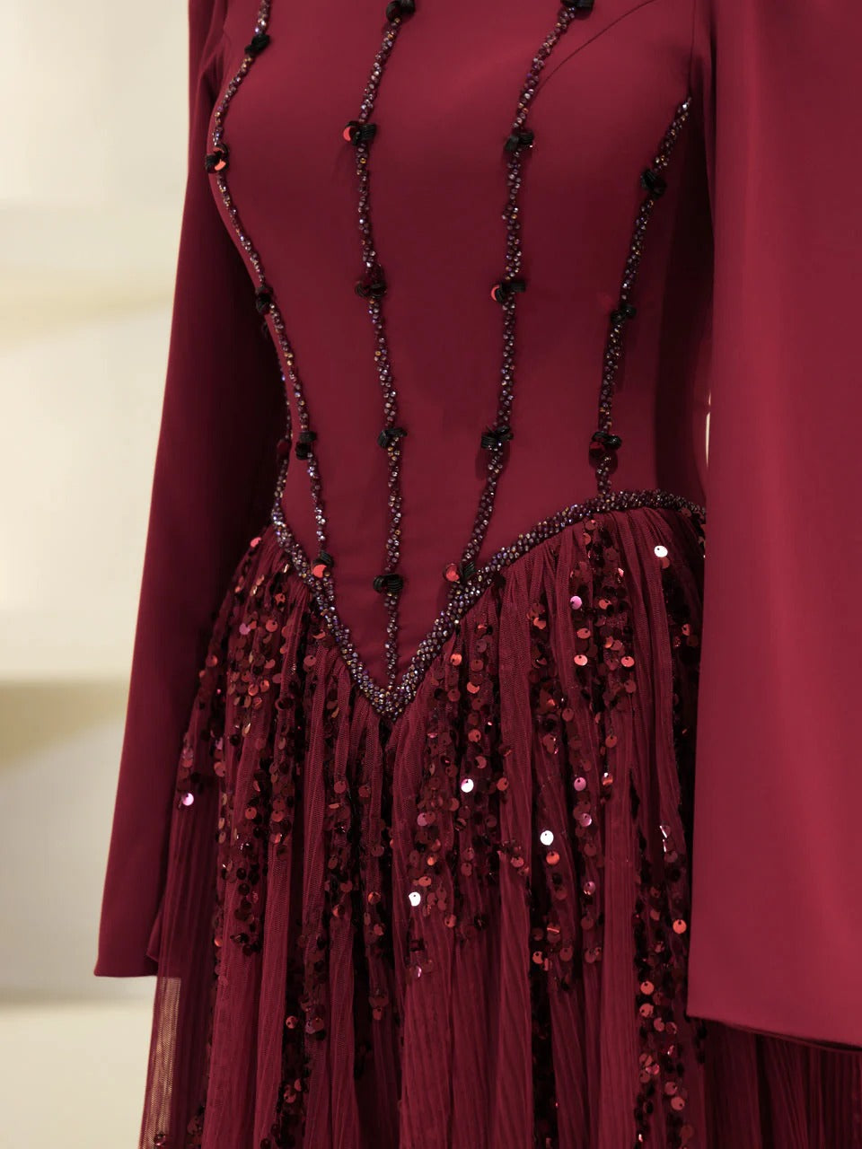 Nada Satin and Tulle Modest Evening Dress -Burgundy