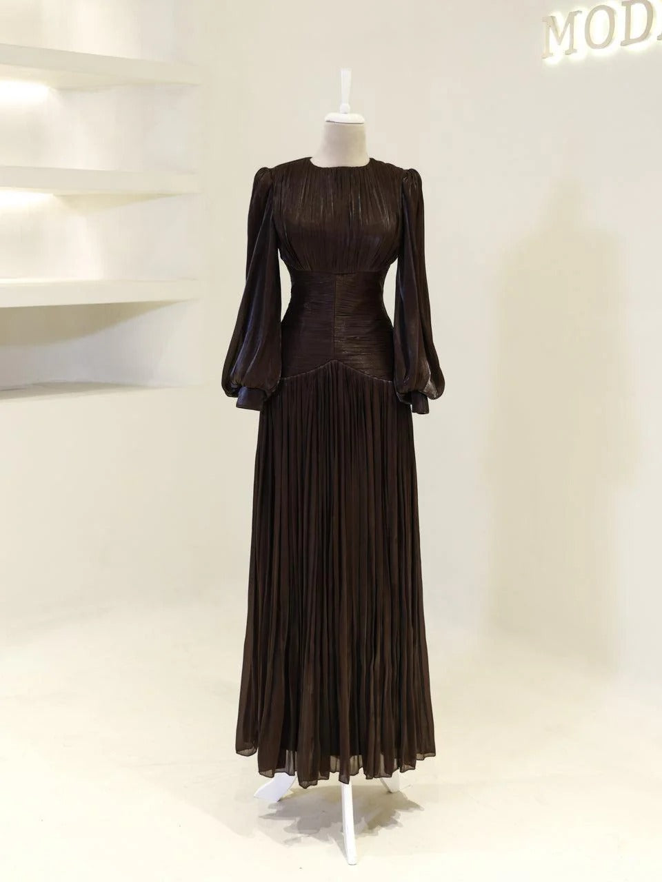 Shimmering Orchid Modest Evening Dress - Flare Pleated Gown - Dark Brown