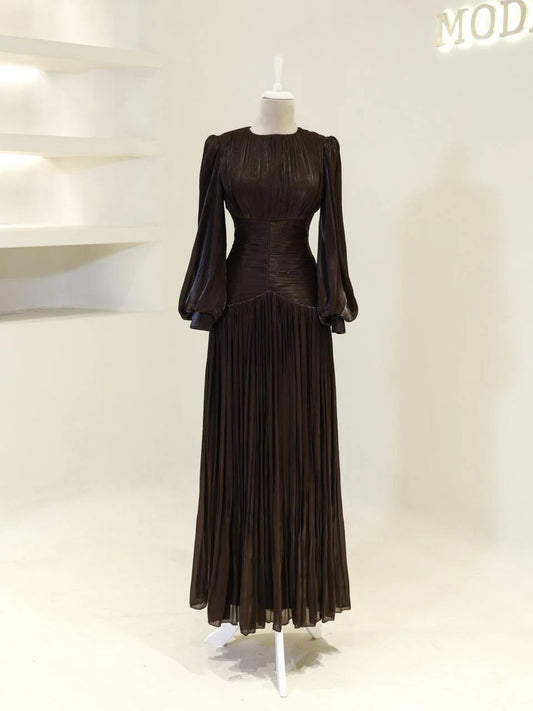 Shimmering Orchid Modest Evening Dress - Flare Pleated Gown - Dark Brown