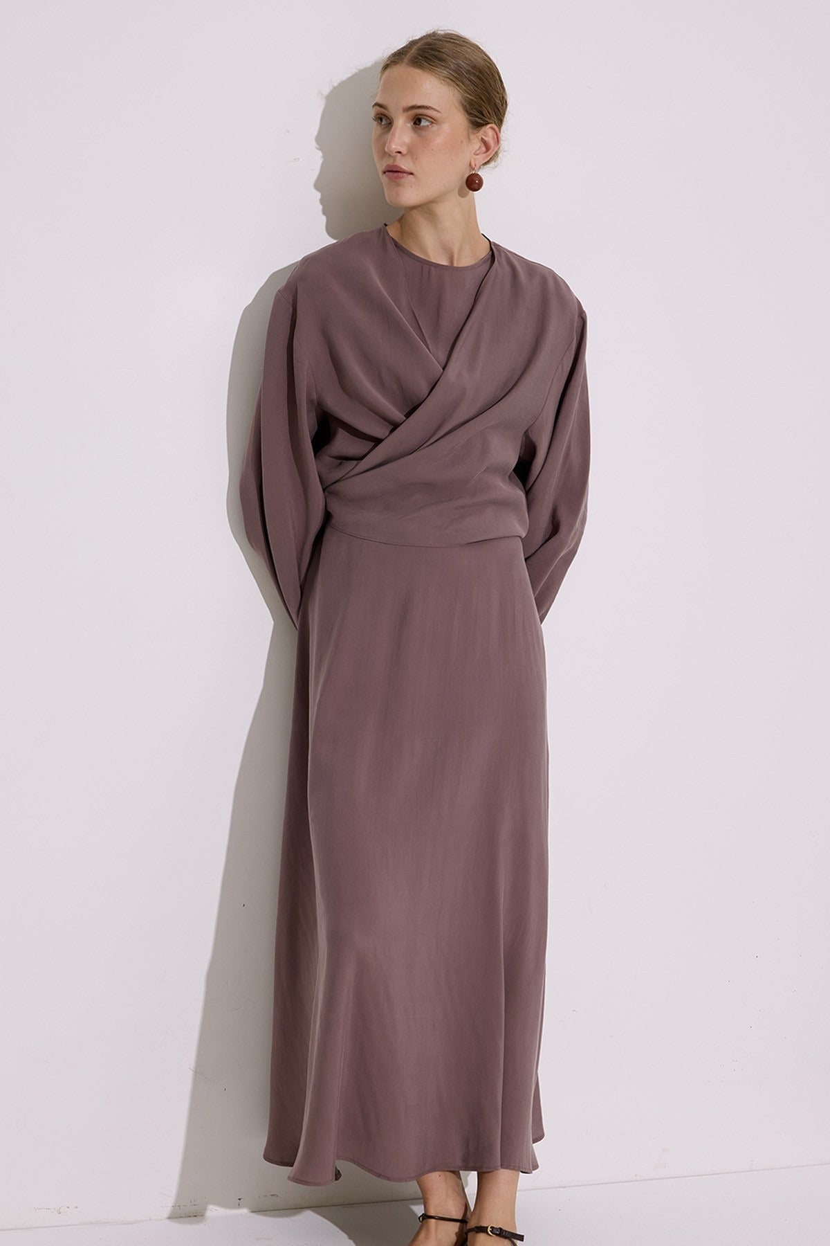 Elegant Draped Modal Wrap Dress – Dusty Rose