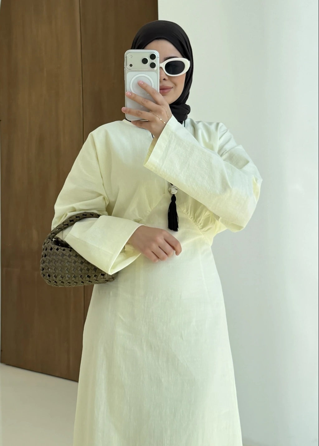 Yellow Cotton Tie-Back Maxi Dress - Waist Detail Long Sleeve Gown