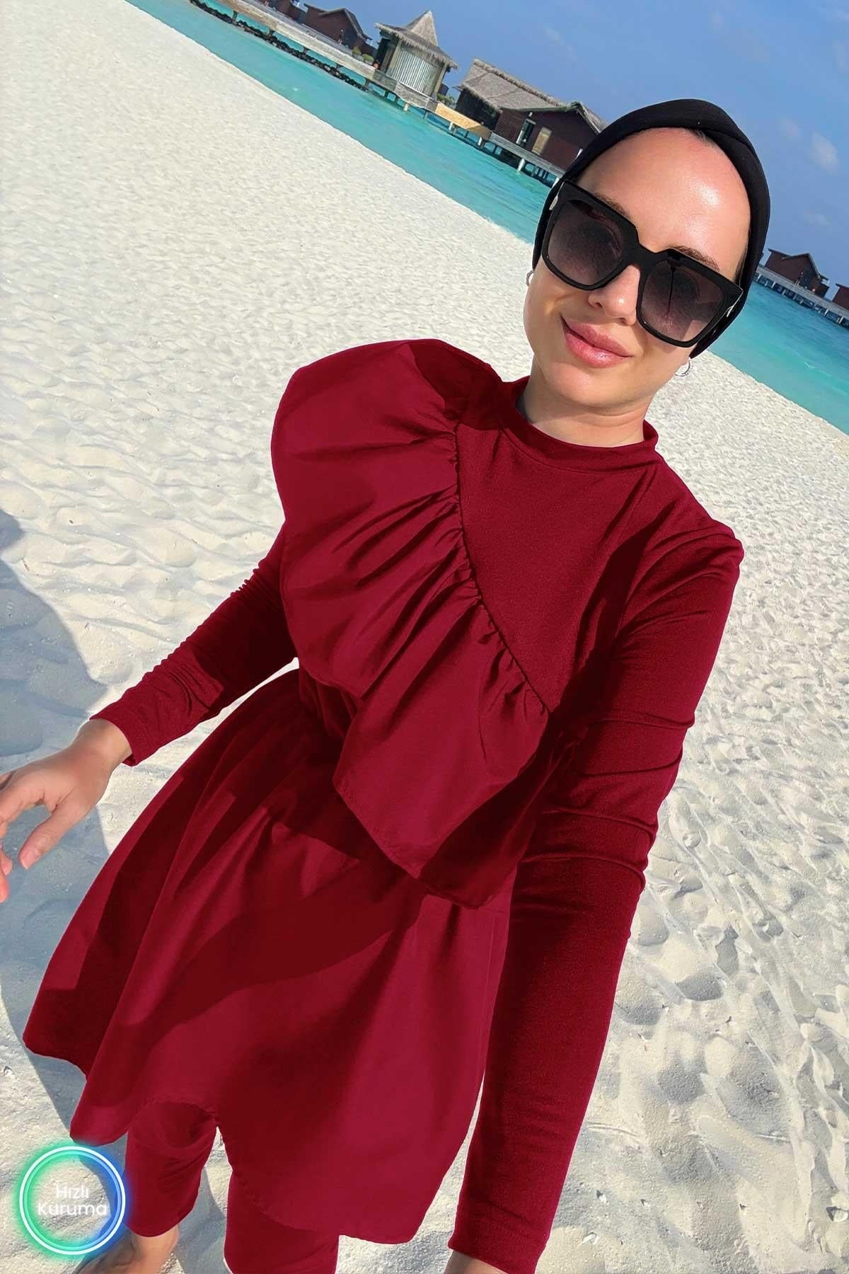 Ruffle Detail Full Coverage Burkini - 2 Piece Modest Swimsuit in Burgundy