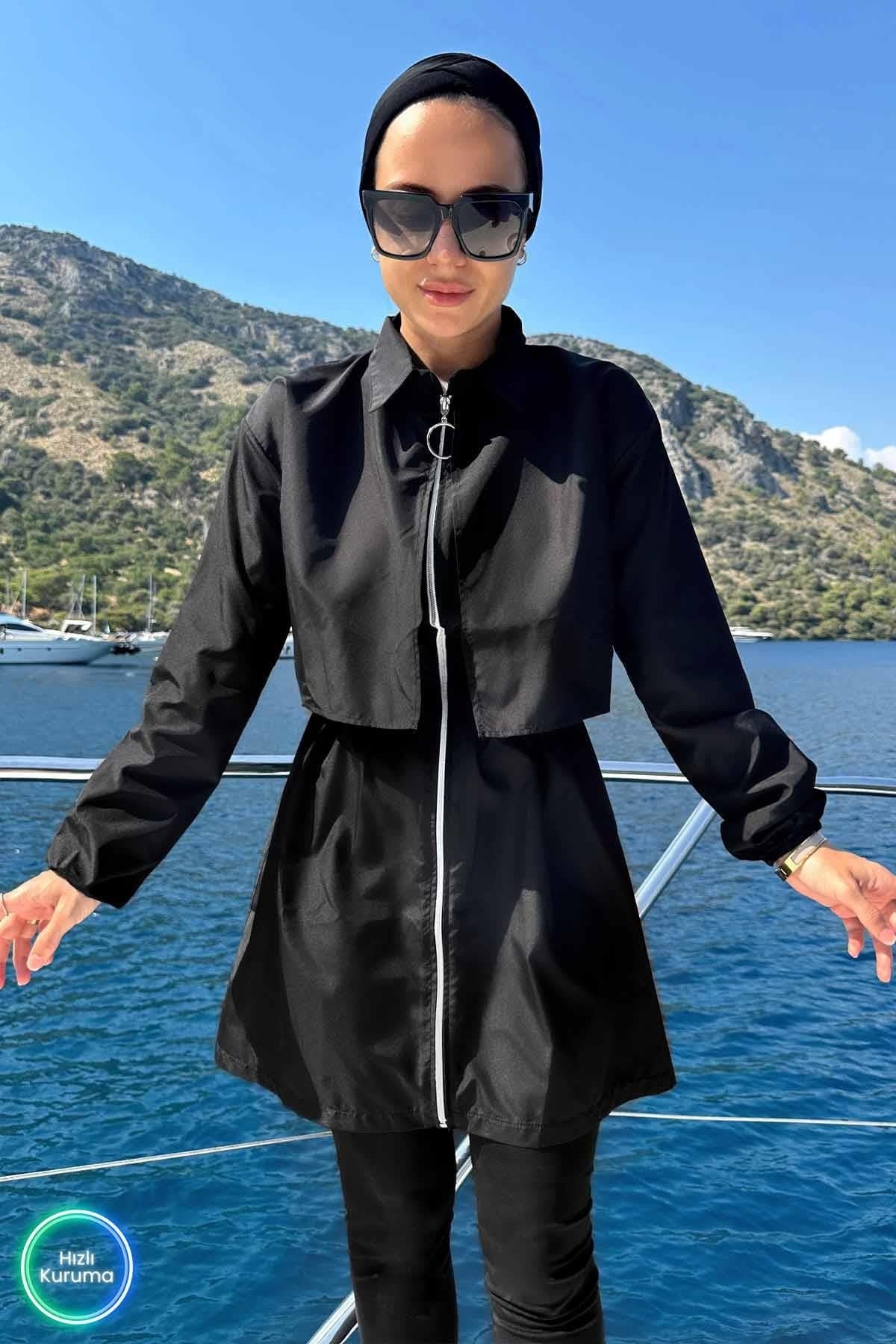 Ruffle Detail Full Coverage Burkini - 2 Piece Modest Swimsuit in Black