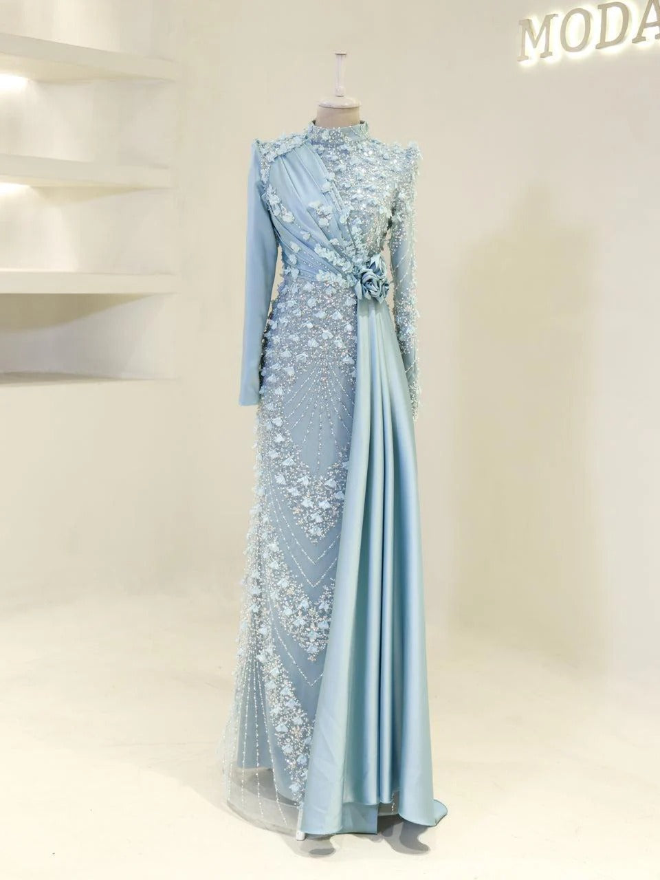 Darelia Textured Feather-Effect Gown- Blue