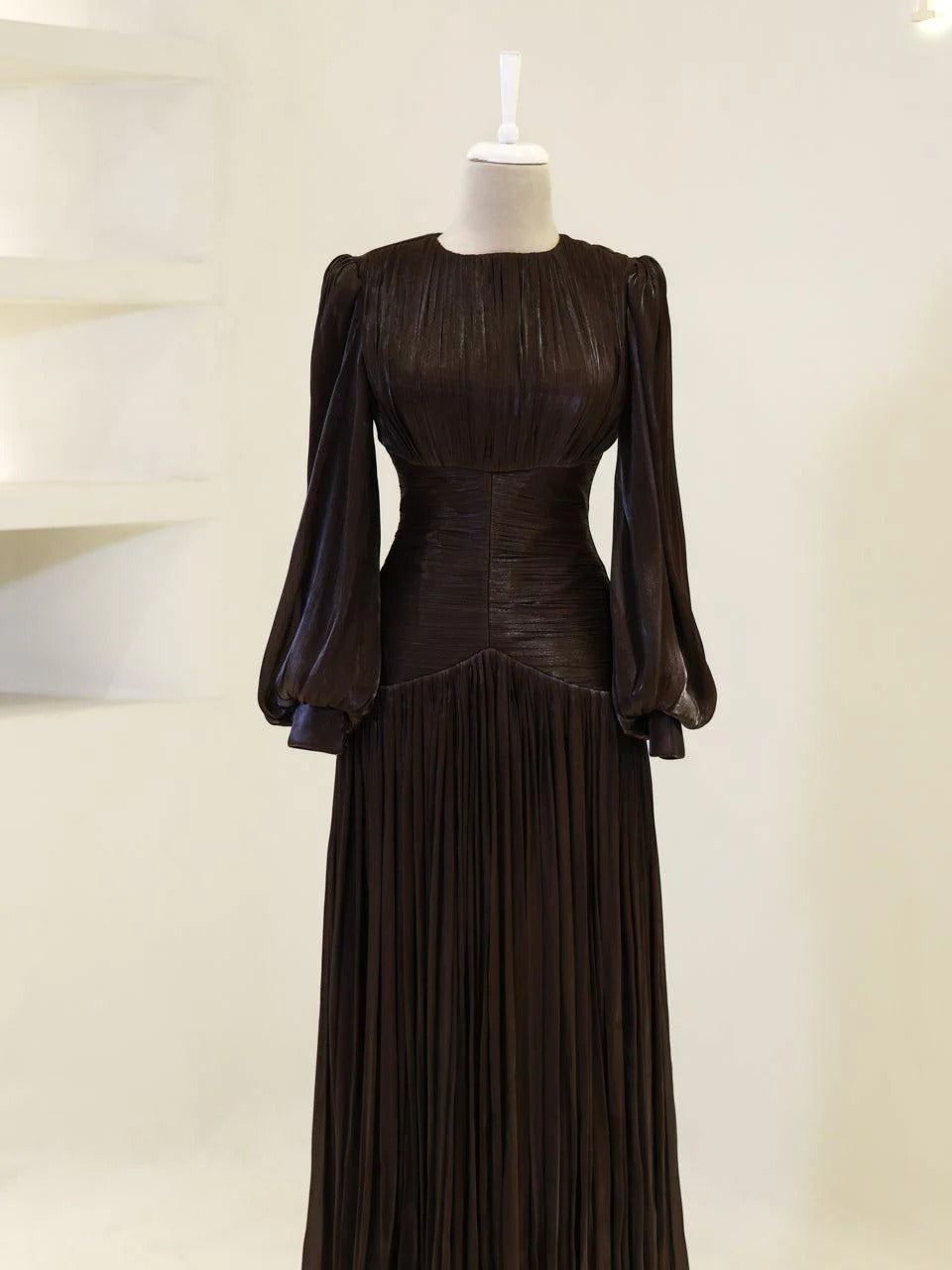 Shimmering Orchid Modest Evening Dress - Flare Pleated Gown - Dark Brown